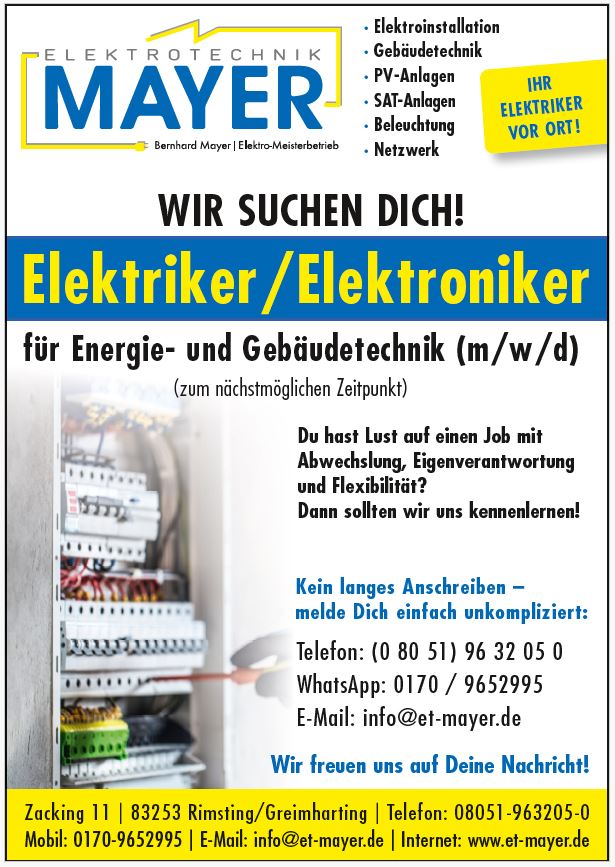 Stellenangebot Elektriker Chiemgau – Elektro Mayer sucht Verstärkung
